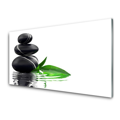 Glass Print Stones leaves water art black green white