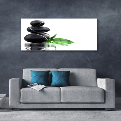 Glass Print Stones leaves water art black green white