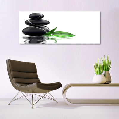 Glass Print Stones leaves water art black green white