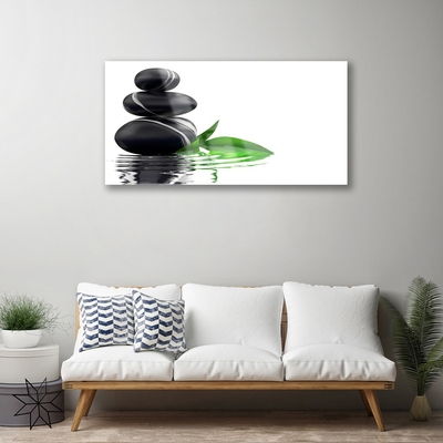 Glass Print Stones leaves water art black green white