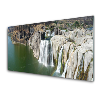 Glass Print Mountains waterfall lake landscape grey green