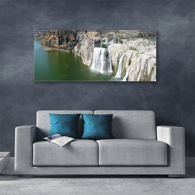 Glass Print Mountains waterfall lake landscape grey green