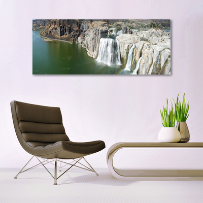 Glass Print Mountains waterfall lake landscape grey green