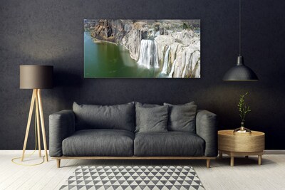 Glass Print Mountains waterfall lake landscape grey green