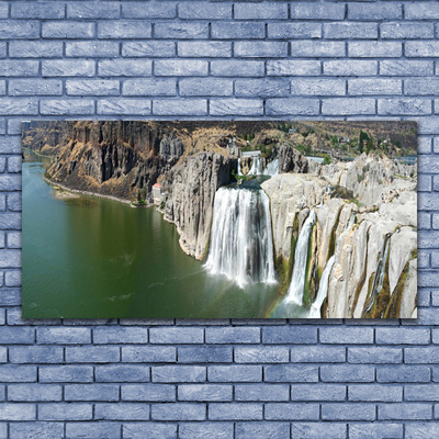 Glass Print Mountains waterfall lake landscape grey green