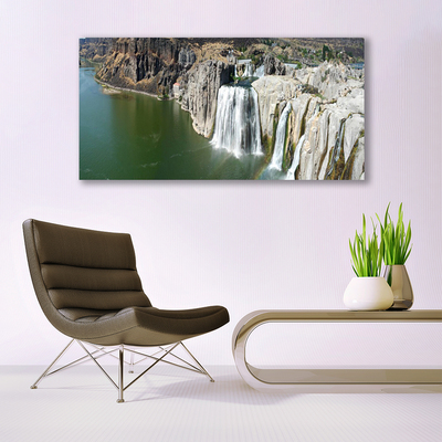 Glass Print Mountains waterfall lake landscape grey green