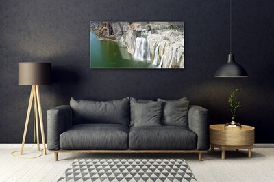 Glass Print Mountains waterfall lake landscape grey green