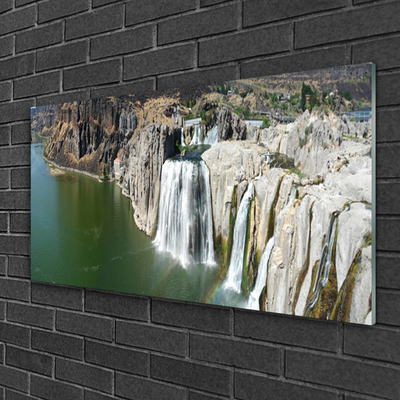 Glass Print Mountains waterfall lake landscape grey green