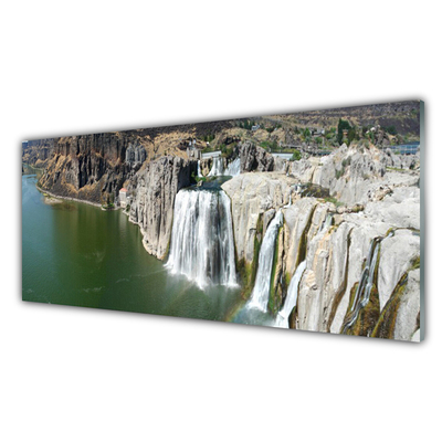 Glass Print Mountains waterfall lake landscape grey green