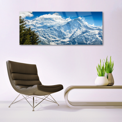 Glass Print Mountain tree landscape blue white green