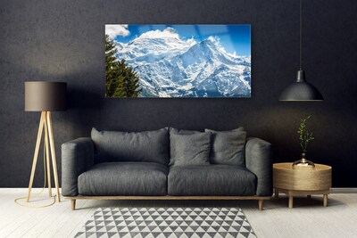 Glass Print Mountain tree landscape blue white green