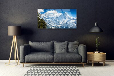 Glass Print Mountain tree landscape blue white green