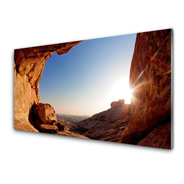 Glass Print Rock sun landscape brown blue