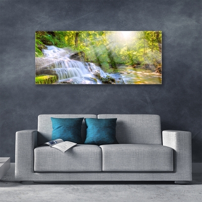 Glass Print Waterfall forest nature white brown green