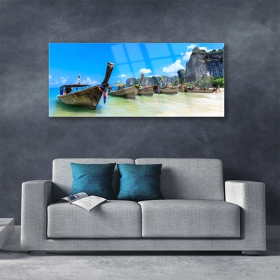 Glass Print Boats sea beach landscape blue grey