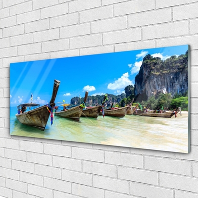 Glass Print Boats sea beach landscape blue grey