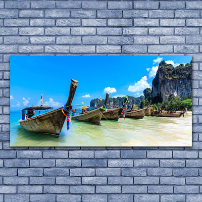 Glass Print Boats sea beach landscape blue grey