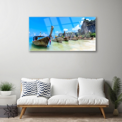 Glass Print Boats sea beach landscape blue grey