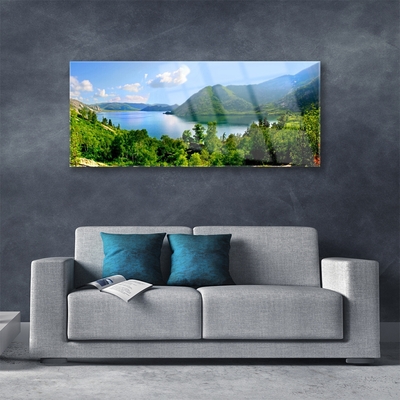 Glass Print Forest lake mountains landscape green blue