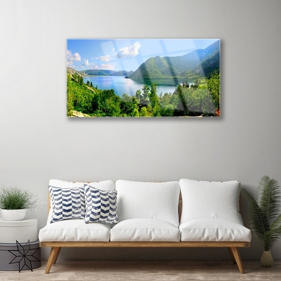 Glass Print Forest lake mountains landscape green blue