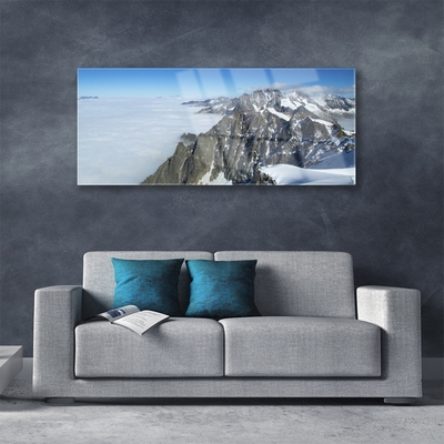 Glass Print Mountain fog landscape grey white