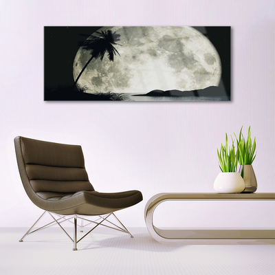 Glass Print Night moon palm landscape black grey white