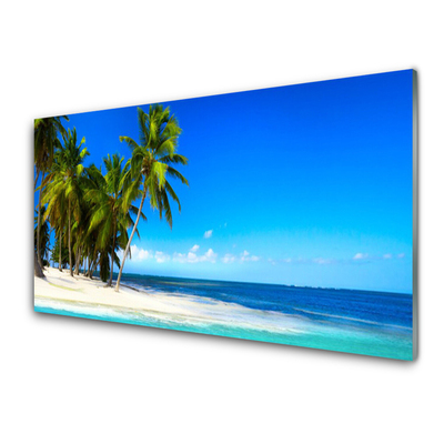 Glass Print Palm trees beach sea landscape white green blue