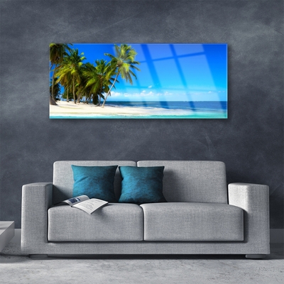 Glass Print Palm trees beach sea landscape white green blue