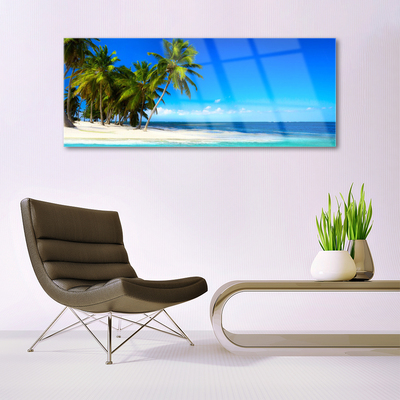 Glass Print Palm trees beach sea landscape white green blue