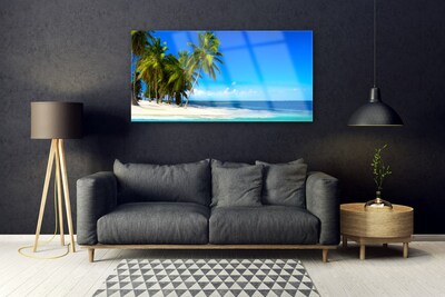 Glass Print Palm trees beach sea landscape white green blue