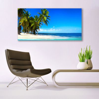 Glass Print Palm trees beach sea landscape white green blue