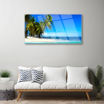 Glass Print Palm trees beach sea landscape white green blue