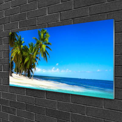 Glass Print Palm trees beach sea landscape white green blue