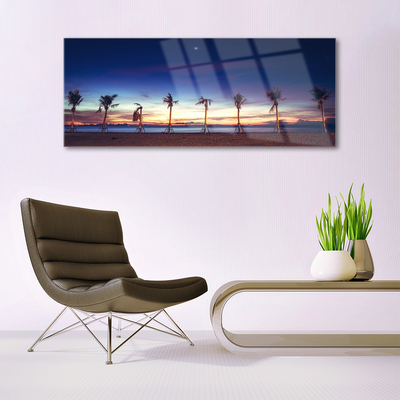 Glass Print Palm trees beach sea landscape brown blue