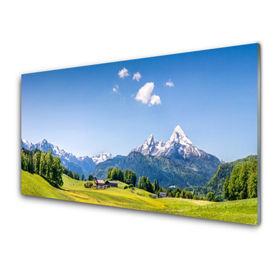 Glass Print Fields trees mountains landscape green grey white blue