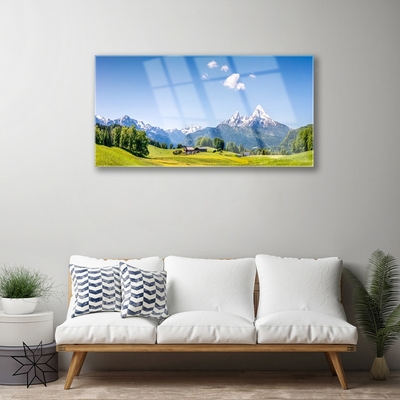 Glass Print Fields trees mountains landscape green grey white blue