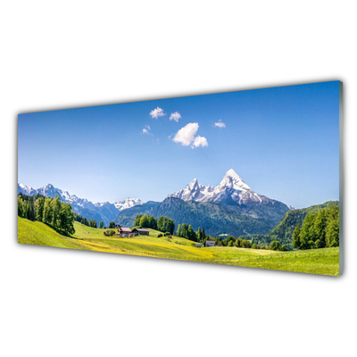 Glass Print Fields trees mountains landscape green grey white blue