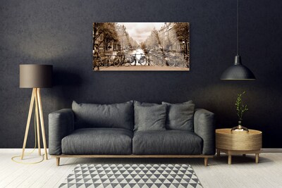 Glass Print River bicycles trees landscape green grey