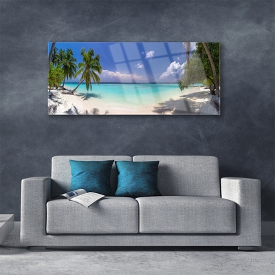 Glass Print Sea beach palm trees landscape white blue green brown