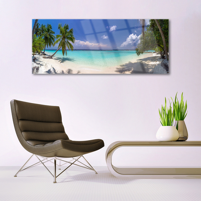 Glass Print Sea beach palm trees landscape white blue green brown