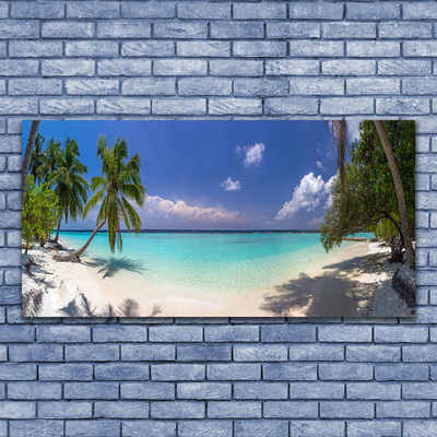 Glass Print Sea beach palm trees landscape white blue green brown