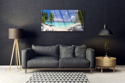 Glass Print Sea beach palm trees landscape white blue green brown