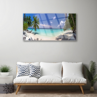 Glass Print Sea beach palm trees landscape white blue green brown