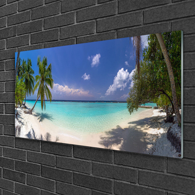 Glass Print Sea beach palm trees landscape white blue green brown