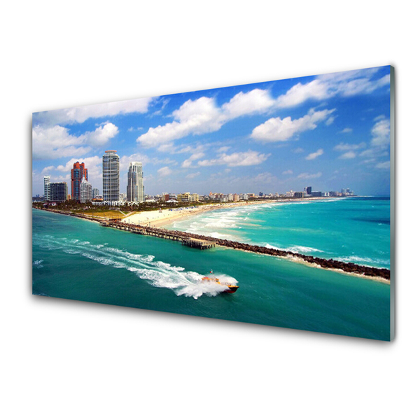 Glass Print Sea beach town landscape blue brown grey