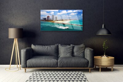 Glass Print Sea beach town landscape blue brown grey