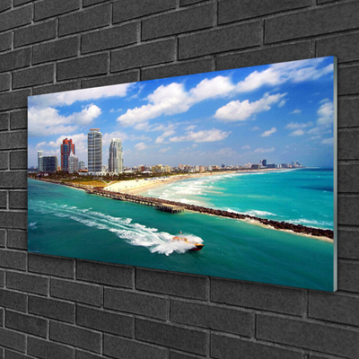 Glass Print Sea beach town landscape blue brown grey