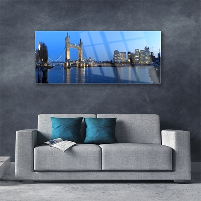 Glass Print Bridge city sea architecture blue grey