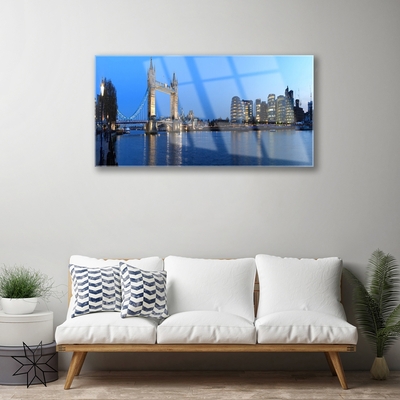 Glass Print Bridge city sea architecture blue grey