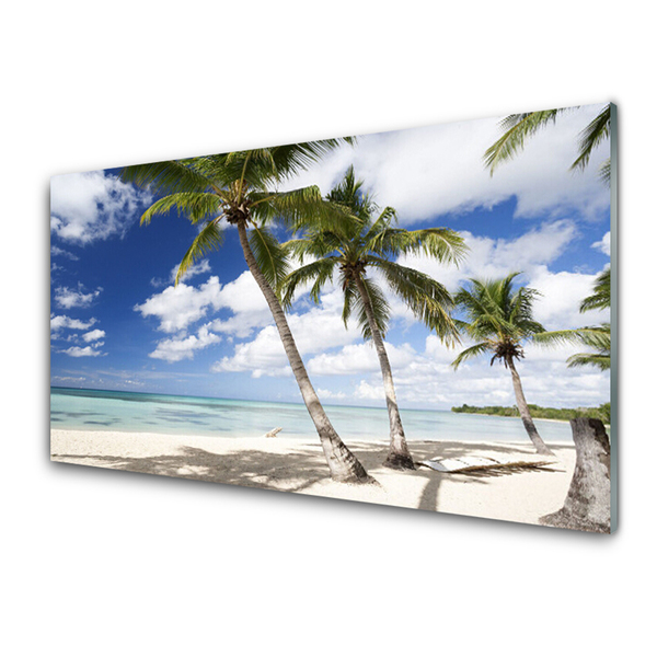 Glass Print Sea beach palm trees landscape blue brown green